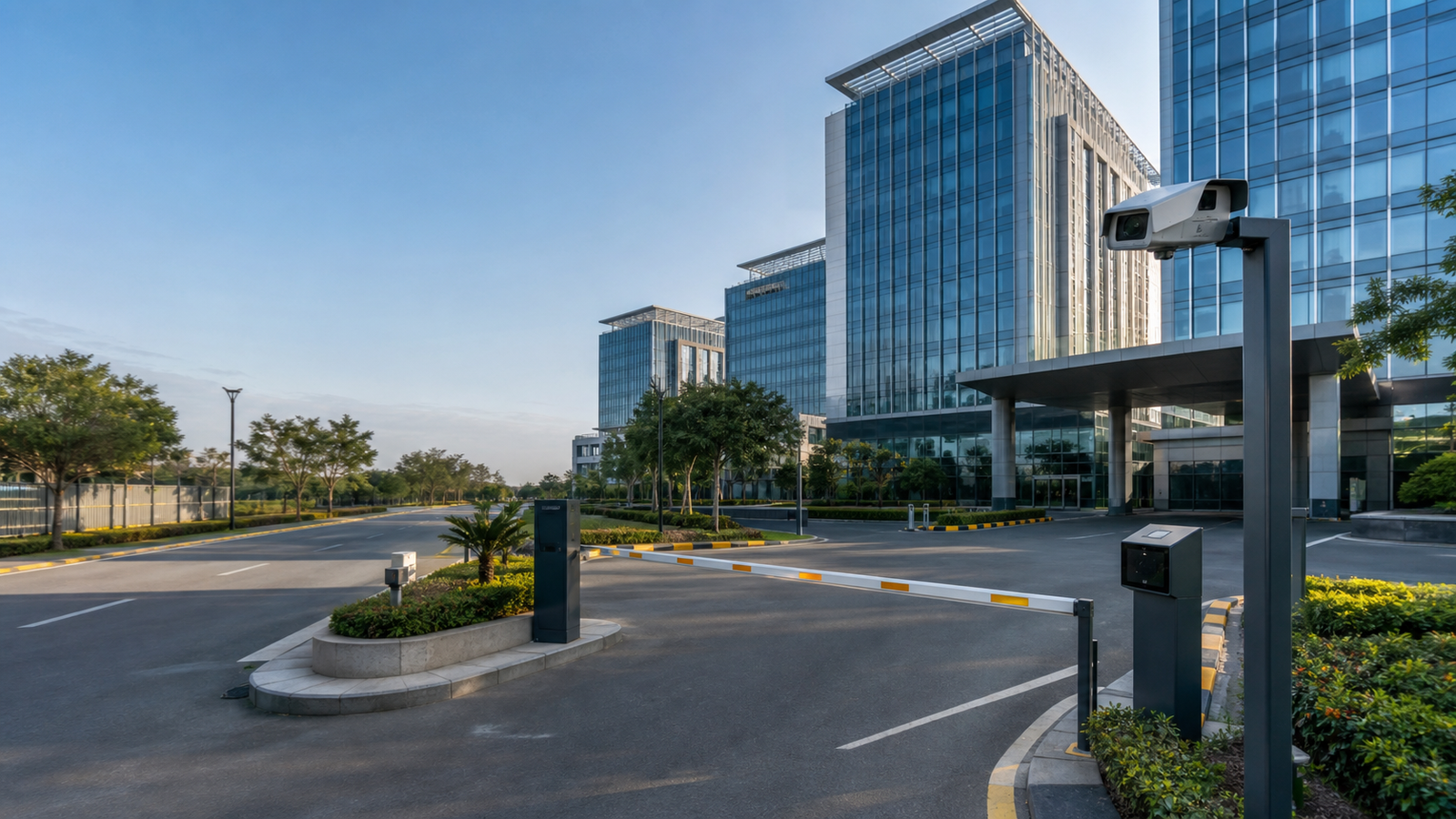 Grand technology park entrance with boom barrier, ANPR camera and corporate buildings